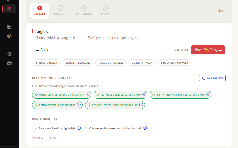 ClickToPin Pin Angles step showing several distinct Pinterest directions for one article.