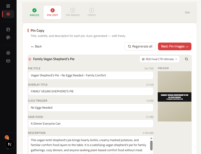 ClickToPin Pin Copy step showing editable Pinterest titles, descriptions, overlay text, and alt text for an article.