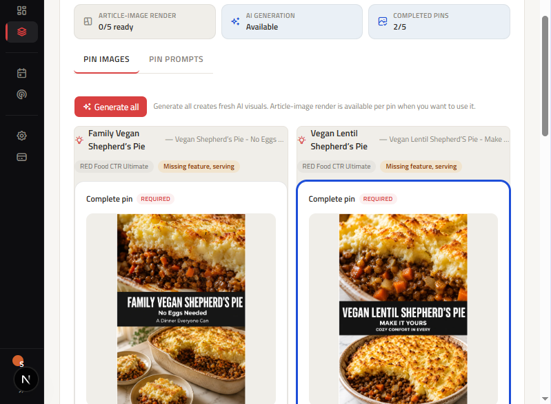 ClickToPin Pin Images step showing generated Pinterest Pin image previews for approved content angles.