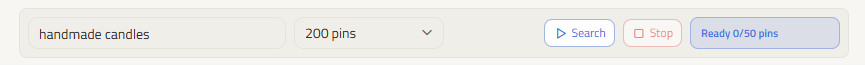 ClickToPin Radar ready to search for handmade candles, with the keyword field, pin count selector, and Search button visible.